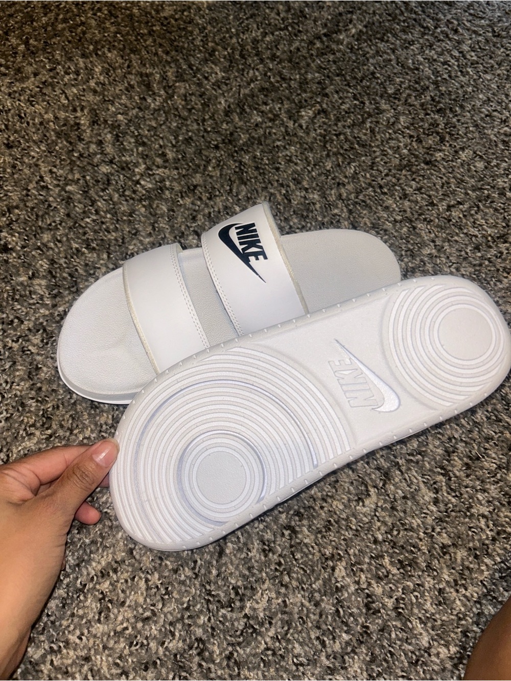 Nike White Slide Sandals with Black Logo - Picture 2 of 3